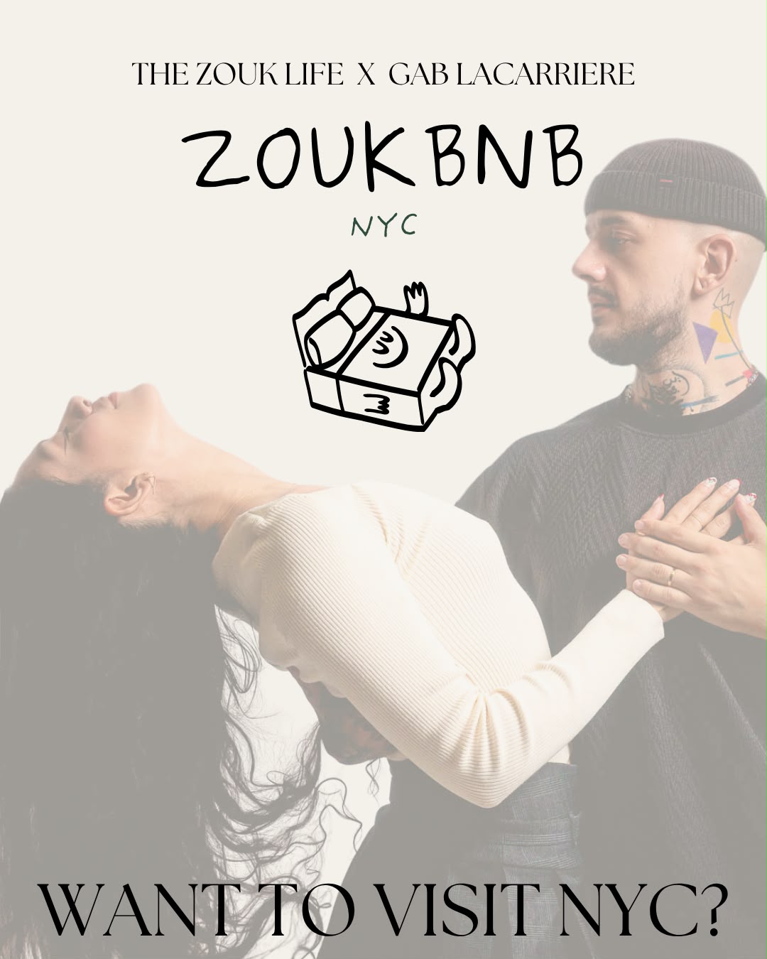 Zouk BNB NYC campaign artwork featuring Steph and Gab dancing