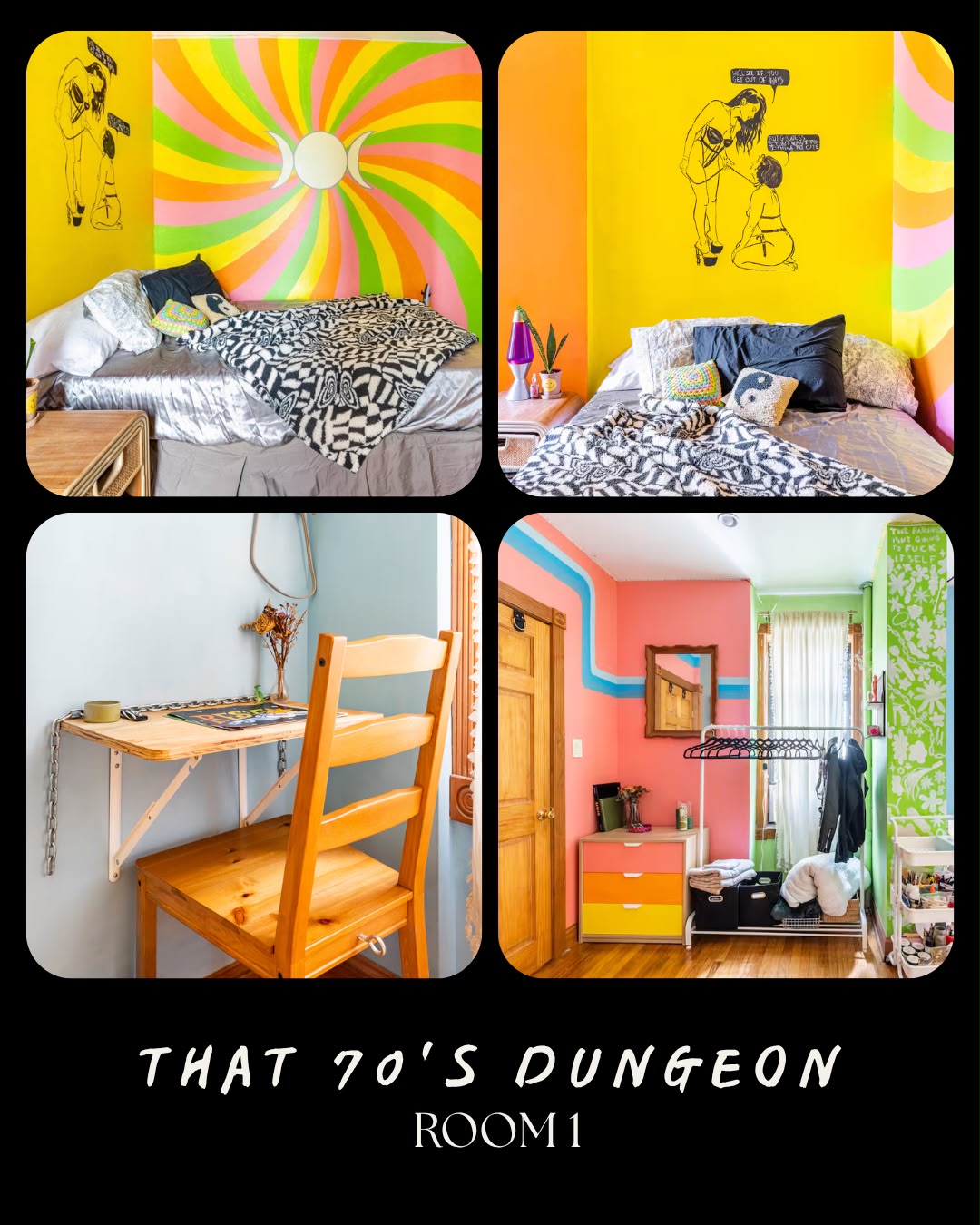 Room 1, That 70’s Dungeon: colorful bedroom, bed, desk and clothes storage