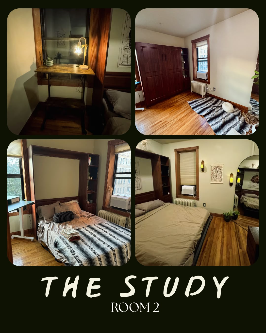 Room 2, The Study: wood details, desk and a fold-down bed shown open and closed