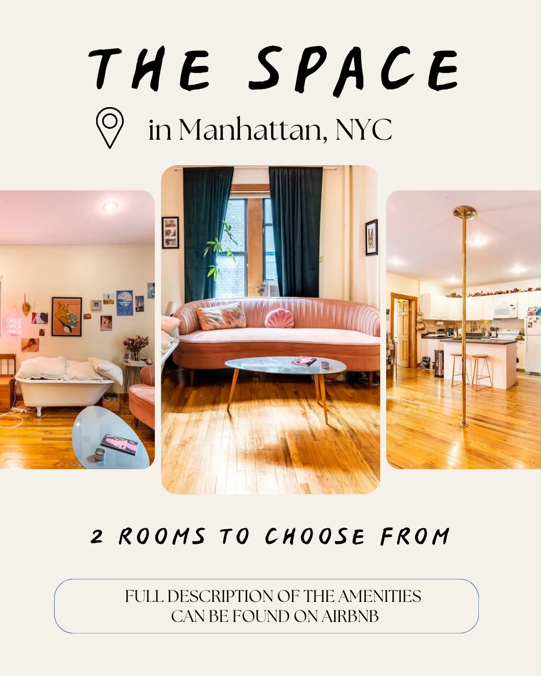 The Manhattan shared living space: pink sofa, wood floors and kitchen